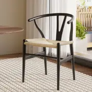 Dining Chair Wooden Rattan Wishbone Black