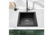 ACA 422x422x203mm Granite Quartz Stone Kitchen Laundry Sink with Strainer Waste Black Single Bowl Top/Under Mount