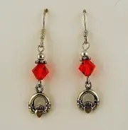 Sterling silver Irish Claddagh Earrings w/ Red Siam Swarovski Crystal beads