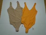 2 NEW AMERICAN EAGLE AERIE SMOOTHEZ BODYSUIT ~ ORANGE & BEIGE MEDIUM