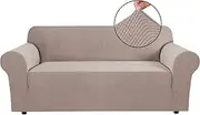 Smarcute Stretch Couch Cover Sofa Cover 1-Piece Furniture Protector Cover Luxury High Spandex Small Checks Knitted Jacquard Fabric Sofa Slipcover for Living Room (3 Seater, Sand)