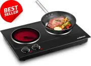 2400W Double Electric Hot Plate Portable Infrared Cooktop Black