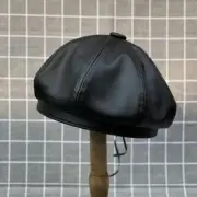 Lady Faux Leather Beret Beanie Hat Cap Newsboy Casual Retro French Black Vintage
