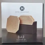 Macy's Hotel Collection Set of 4 Fluted Beech Wood Coasters with Holder B2
