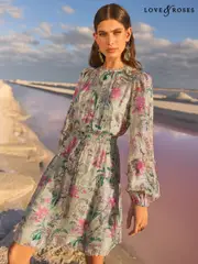 V&A I Love & Roses Sage Floral Metallic Ruffle Detail Mini Dress (AP0465) | $159