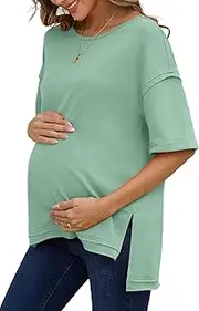[RUBZOOF] Women's Maternity Shirts Short Sleeve Pregnancy Tops Side Split Casual T Shirts Tunic Mama Clothes, 09-emerald Green, Small