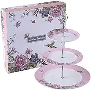 2 Tiered Cake Stands Afternoon Tea Porcelain Bird Rose Butterfly in Gift Box (Pink)