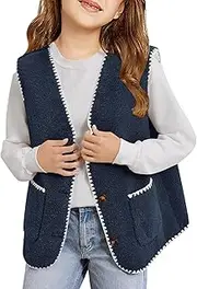 [Minclouse] Girls Fleece Vest Sleeveless Button Down Sherpa Jacket Cute Color Block Outerwear with Pockets for Toddler & Kids