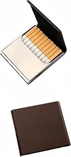 [GCFUNY] Cigarettes, Slim Case for Cigarette Box, Fashion Leather Stainless Steel Metal for Unisex, Portable Cigarette Organizer 10 Capacity, Magnetic Opening and Closing (Brown-2pack)