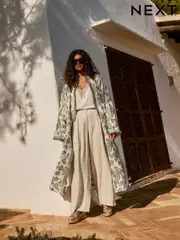 Blue/Gold Fil coupé Longline Kimono Cover-Up (F01175) | $148