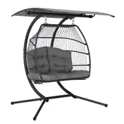 Outdoor Hanging Swing Chair Egg Hammock Rattan Lounge Chair - Grey
