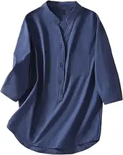 [Generic] Cotton and Linen Women's Pocket Shirt Loose Mid Sleeve Top Stand Collar Button Down Shirt Women T Shirt Summer