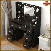 Black Dressing Table With Hollywood LED Mirror and 7 Drawers Vanity Makeup Desk