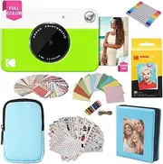 [Kodak] Printomatic Full-Color Instant Print Camera Gift Bundle + Soft Case + Zink 2x3 Sticky Back Photo Paper 20pk + Album + Sticker Sets + Sticker Frames + Markers + Hanging Frames, Fun Gift - Green