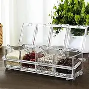 CLUQMEIK Clear Seasoning Box,4 Spice Jars Condiment Containers with Lids and 4Pcs Spoons 1Pcs Tray Seasoning Organizer for Salt, Sugar,Cardamon, Cinnamon,Cloves,Mustard,Nutmeg,Pepper and Tumeric