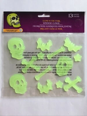 NEW Glow in the Dark HALLOWEEN Window Gel Clings 13 pc Skull & Crossbones Bats!