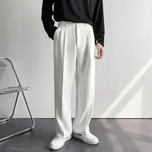 Zaer S-5XL 韓版寬鬆直筒休閒西褲 闊腿大尺碼 薄款男生西裝褲子 復古時尚薄款白色黑色長褲