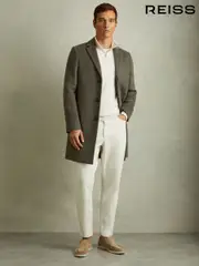 Reiss Green Smoke Gable Wool Blend Single Breasted Epsom Overcoat (B70272) | $670