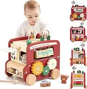 Wooden Activity Cube, 8-in-1 Montessori Toys with Animal Tourism Bus Theme, Multifunctional Early Educational Learning Toys Montessori Toys for 1 Year Old Boys Girl oddlers Kids Birthday Gift (Red)