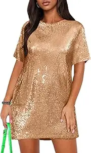 [ENOPINK] Women's Crew Neck Sequin Dress for Women Sexy V Neck Shirt Dresses Sparkly Shift Mini Dress