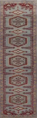 Handmade Light Blue Geometric Indian Runner Rug 3x10 Ft Traditional Wool Carpet