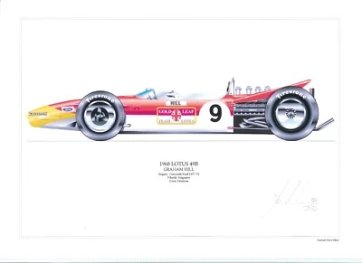 Graham Hillt ltd.ed.signed art print- 1968 Gold Leaf Team Lotus 49