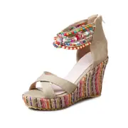 Nevenka Women's Wedge Sandals with Pearls Platform High Heels Shoes-Beige