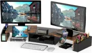 Desk Dual Monitor Stand Riser with Drawer, Rustic Brown