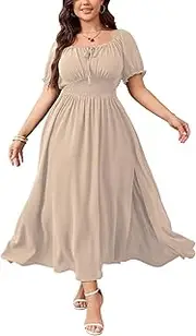 [SHESTARR] Women's Plus Size Maxi Dress Short Sleeve Smocked Square Neck Tie Front Split A-Line Flowy Long Dresses, Beige, XX-Large Plus