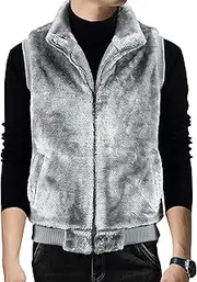 [Qolkmuiy-GJ] Men's Sleeveless Hooded Warm Thicken VestFaux Fur Flannel Wool Waistcoat Witnter Fake Fur Stand Collar Vests