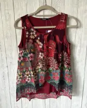 Desigual Red Sleeveless Blouse Top Blusa Bahamas Floaty Floral Ruffle Small