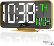 Neasroe Digital Clock for Bedroom, 6.7" Small LED Clocks for Desk, Table Alarm Clock - Auto Dimmer, Time and Date, Temperature, 12/24 Hour Clock for Kids, Teens, Elderly, USB Powered(Gold)