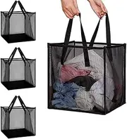 SHENMAIDAY 4-Pack Pop-Up Laundry Basket, Mesh Laundry Basket with Handle, Foldable Clothes Basket, Square Laundry Basket, Dirty Clothes Storage Basket, Suitable for Clothes, Toys Storage (Black)