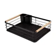 Black Dish Drying Rack With Drip Tray Cutlery Rack And Wooden Handle Kitchen