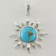 Genuine and Natural - Blue TURQUOISE Sun Pendant in 925 Sterling Silver #2e
