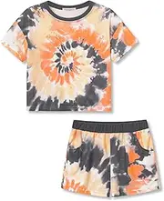 [Topgal] Girls Orange & Gray Tie Dye Pattern Summer Crop Top Short 2 PC Set for Little/Big Kid Pull-On Outfit Size 6-18, Orange & Gray(short Sleeve & Shorts), 7-8