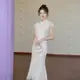 新中式改良重工刺繡旗袍魚尾訂婚連衣裙