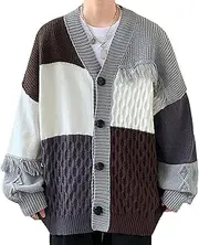 [Generic] Men's Color-Blocked Tassel Knit Cardigan Slim Fit Patchwork Knitwear Jacket Button Down Sweater for Men