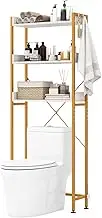 Giantex Over The Toilet Storage Rack, 3-Tier Bathroom Space Saver Organizer Shelf w/ 4 Hooks & Adjustable Bottom Bar, Multipurpose Freestanding Toilet Rack for Bathroom Balcony Laundry (White + Gold)