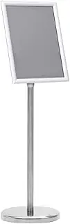 A4 Pedestal Poster Stand Adjustable Silver Aluminium Alloy, Free-Rotation Display, Durable with Protective PVC Film, Quick-Install Click System for Restaurants and Offices, 25x(63-108)cm