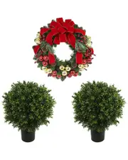 Creative Displays Modern Holiday Set With 26in Christmas Wreath & 2 UV-Rated Boxwood Drop-Ins