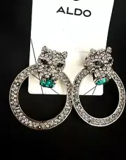 Aldo Tiger Head Crystal Pave Hoops Green Glass Stone
