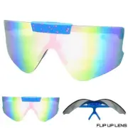 OVERSIZED Retro SPORTY WRAP AROUND Shield SUN GLASSES Large Frame Flip Up Lens
