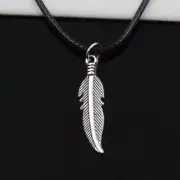 Feather Pendant Necklace Black Leather Cord Chain Tibetan Silver Color Necklaces
