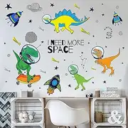 Yovkky Boys Space Dinosaurs Astronauts Wall Decal, Peel Stick Funny Dino Animal Planet Sticker Nursery Rocket Spaceship Decor, Home Baby Room Decorations Kids Bedroom Playroom Art Party Supply Gifts