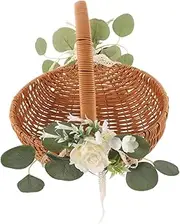 FELTECHELECTR Rattan Basket Vegetable Basket Handle Basket Decorative Handle Woven Basket Wicker Picnic Basket Handle Basket Willow Storage Basket Wicker Basket Light Brown Iron