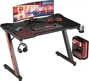 Furmax Gaming Desk Computer Desk Z-Shaped Gaming Table with Carbon Fibre Surface Home Office Desk PC Workstation Desk with Cup Holder, Headphone Hook Modern Style Desk (Black, 110 cm)