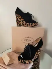 Prada Black Suede Leopard Pony Hair Wedge Platform Heels Ankle Bootie Size 39