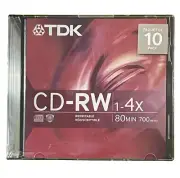 TDK CD-RW 700MB 80 min 10 pack Rewritable Data CD's 1x-4x, Factory sealed MUSIC