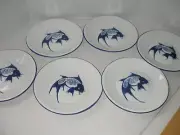 Chinese Koi Fish Blue White Set of 6 Enamel Metal DINNER PLATES 9.5X9.5" Vintage